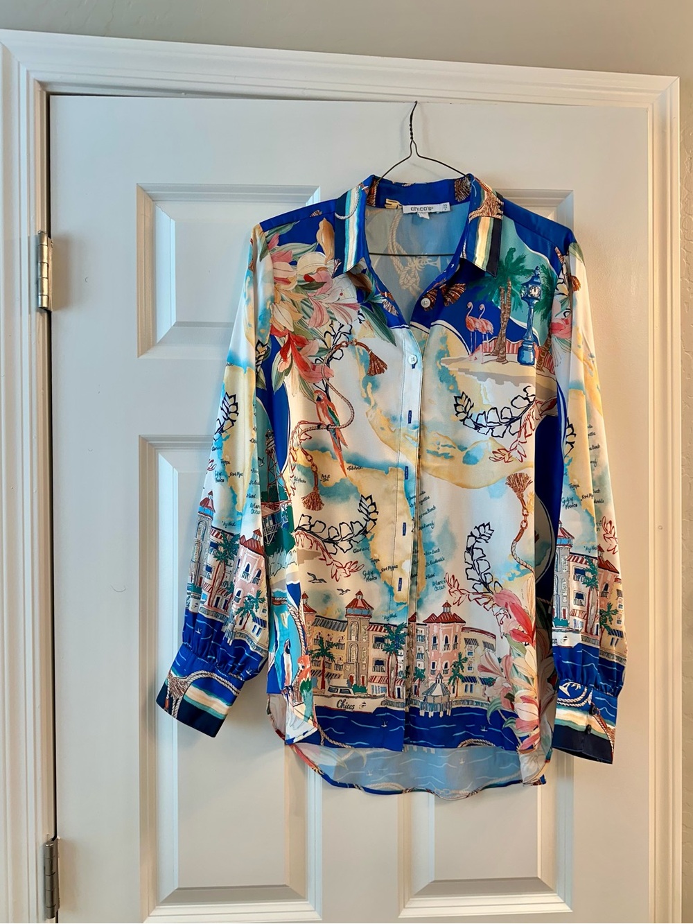 Chico's Blue and Cream Tropical Coastal Print Button-Down Shirt and Pants